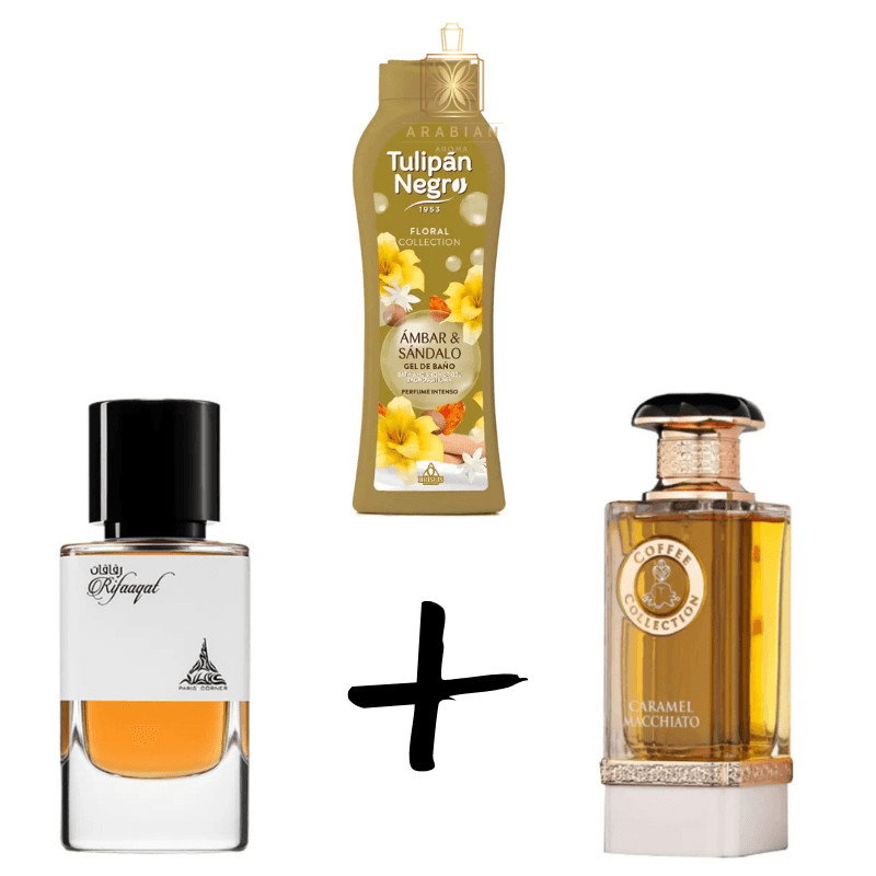 Rifaaqat + Caramel Macchiato + Душ гел Tulipán Negro Ámbar & Sándalo