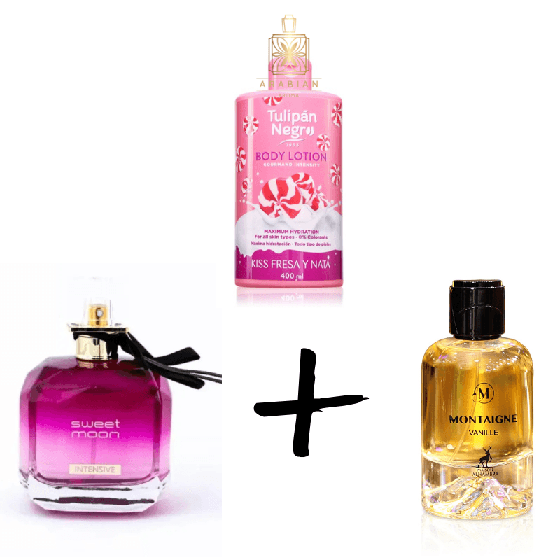 Sweet Moon Intense + Montaigne Vanille + Body Lotion Tulipán Negro Fresa y Nata